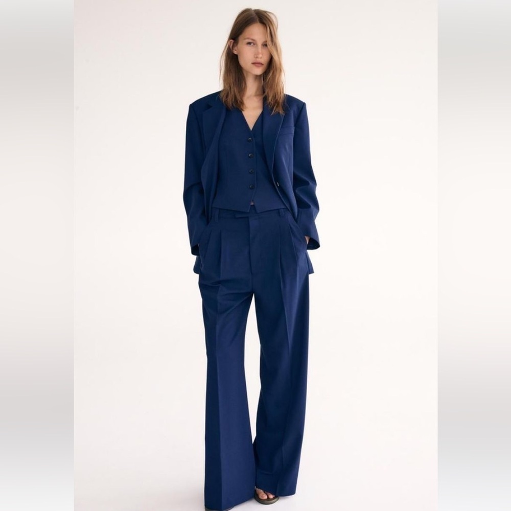 Zara Womens Blazer Jacket Oversized Size M Navy Blue Single Breasted NWT